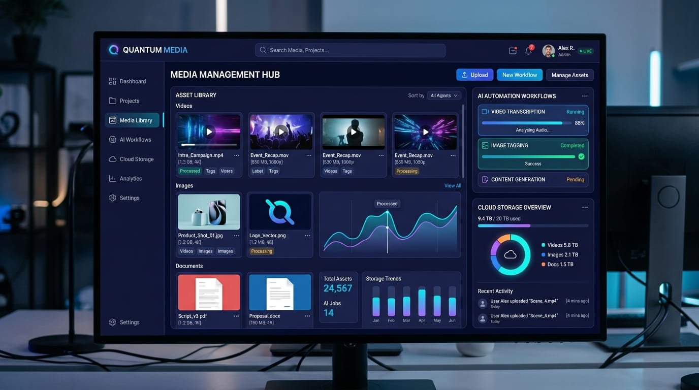 SIMPLE MEDIA SYSTEM SaaS dashboard showing cloud-based media management, AI automation, and digital asset organization
