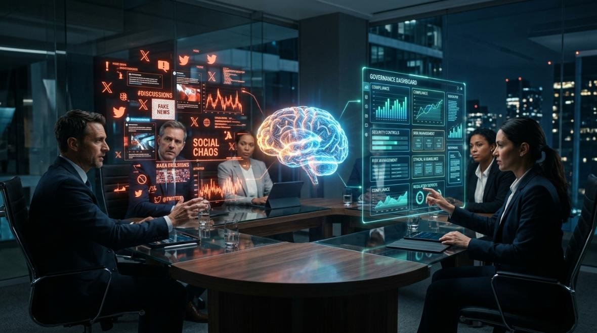 ai transformation is a problem of governance twitter showing executives analyzing AI governance dashboard and social media risks