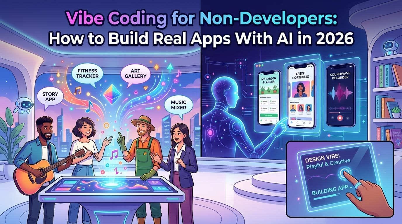 Vibe coding for non-developers showing a non-technical founder typing plain English into an AI builder and receiving a complete working web app in 2026