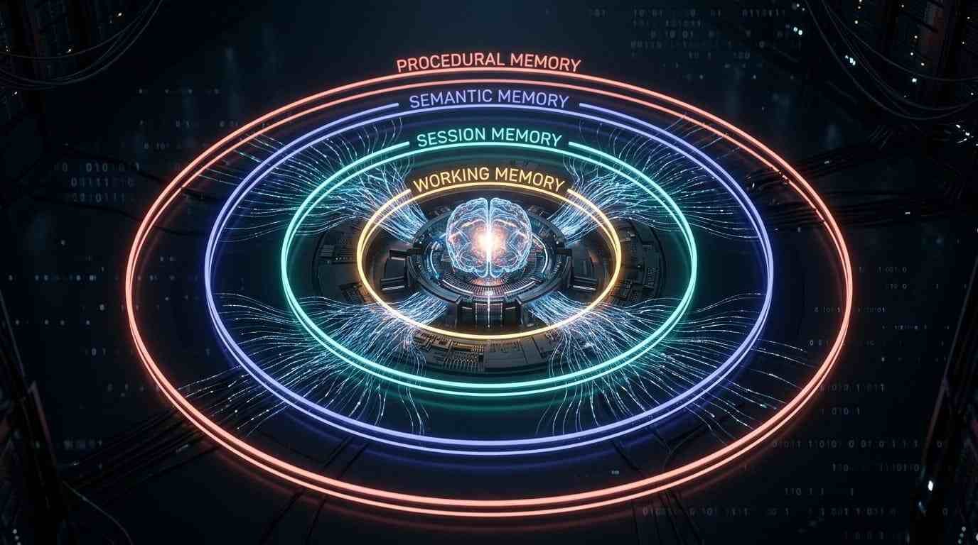 AI agent memory architecture showing four tiers — working, session, semantic, and procedural memory — for enterprise production deployment in 2026