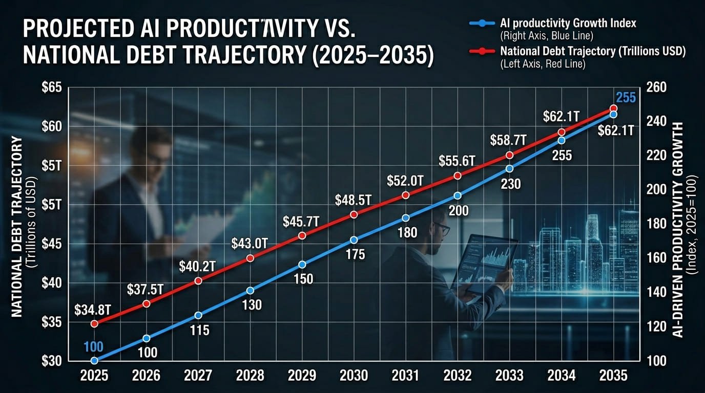 AI productivity national debt impact chart showing Yale Budget Lab scenarios for US debt-to-GDP ratio under moderate and aggressive AI adoption 2025 to 2035