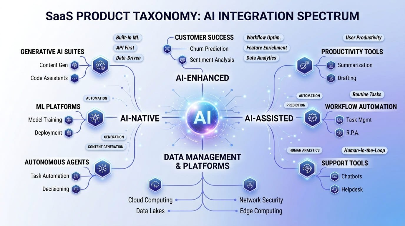 AI SaaS product classification criteria framework showing taxonomy of AI-native and AI-enhanced software products