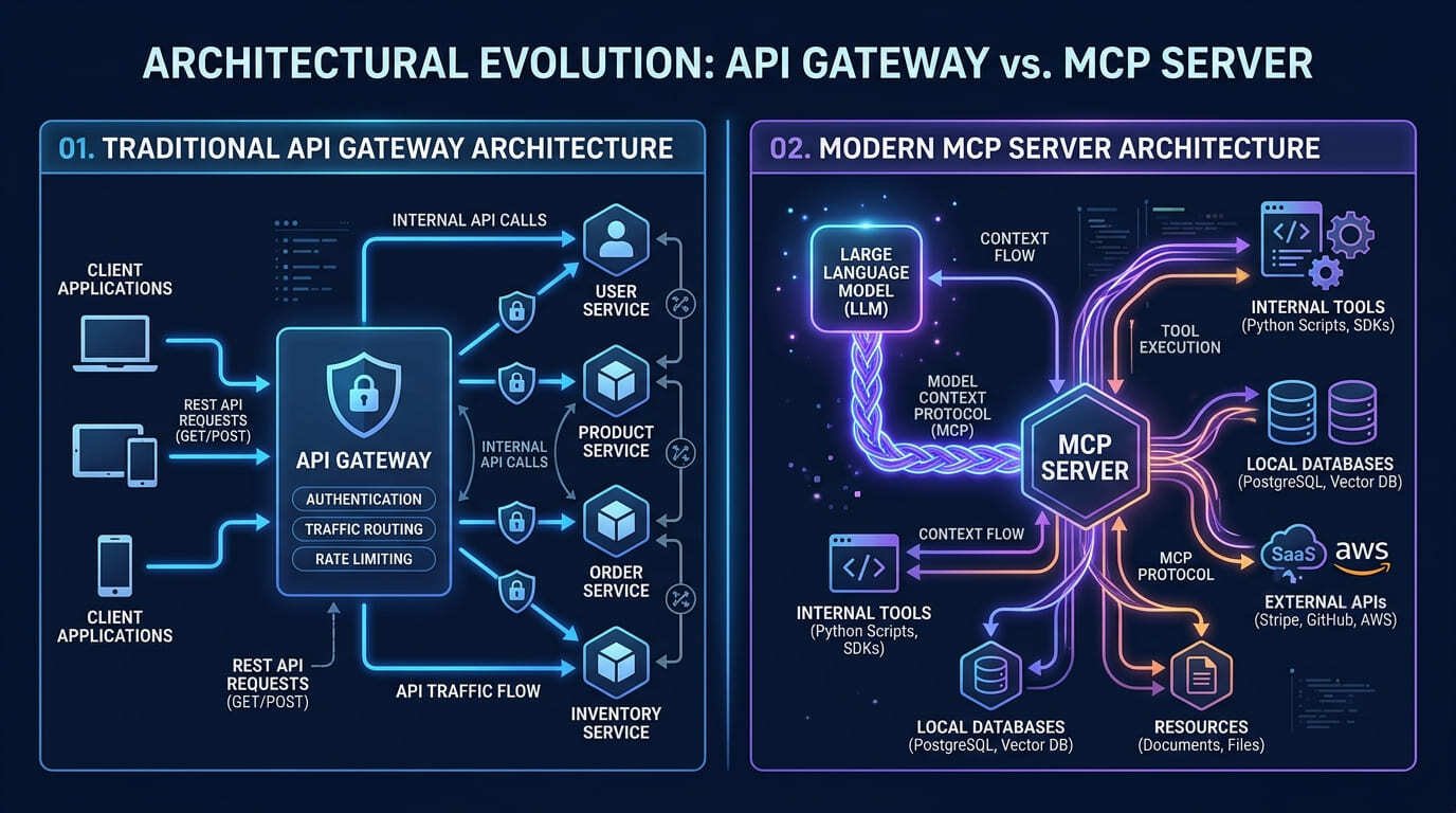 API gateway vs MCP server architecture diagram showing routing comparison for enterprise AI apps