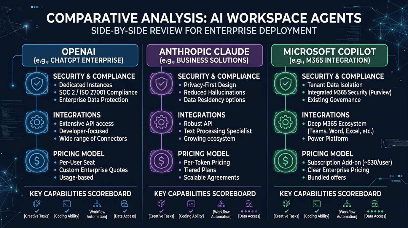 OpenAI Workspace Agents vs Claude vs Copilot 2026 comparison chart for enterprise