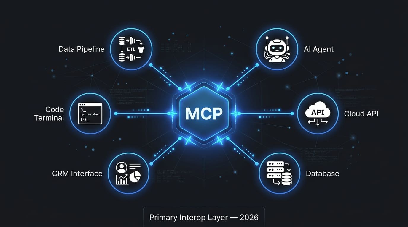 MCP as the primary interop layer in 2026 — diagram showing Model Context Protocol connecting AI agents to enterprise APIs, databases, and tools through a single universal protocol hub