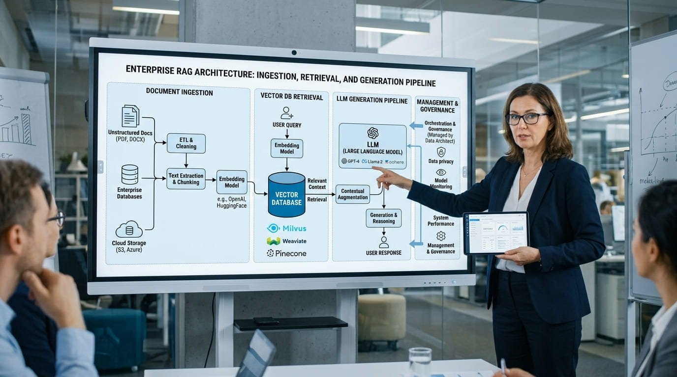 Enterprise RAG architecture showing document ingestion, vector database retrieval, and LLM generation pipeline managed by a senior data architect