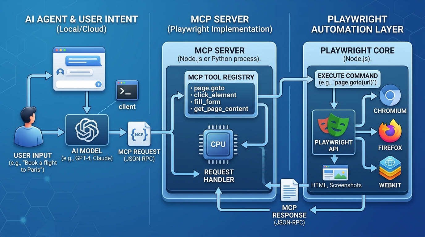 What is playwright MCP showing Model Context Protocol server connecting AI agents to browser through accessibility tree for automated testing and web scraping