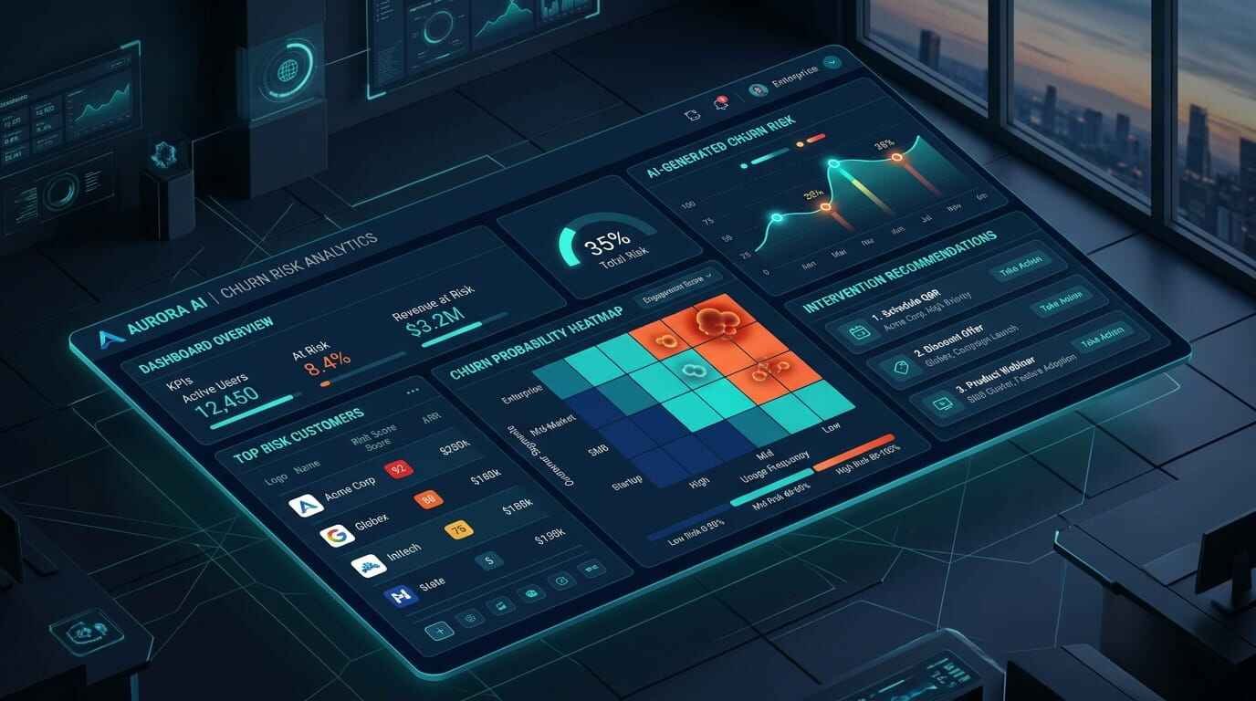 AI-powered SaaS churn prediction dashboard showing customer risk scores and ML-driven retention insights for B2B teams in 2026
