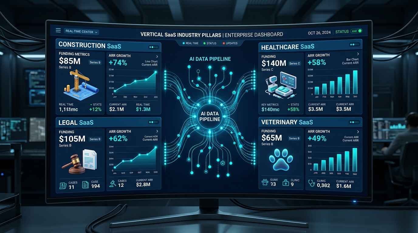 Vertical SaaS startups 2026 — industry-specific platforms for construction, healthcare, legal, and logistics connected by AI data pipelines showing funding and scaling metrics