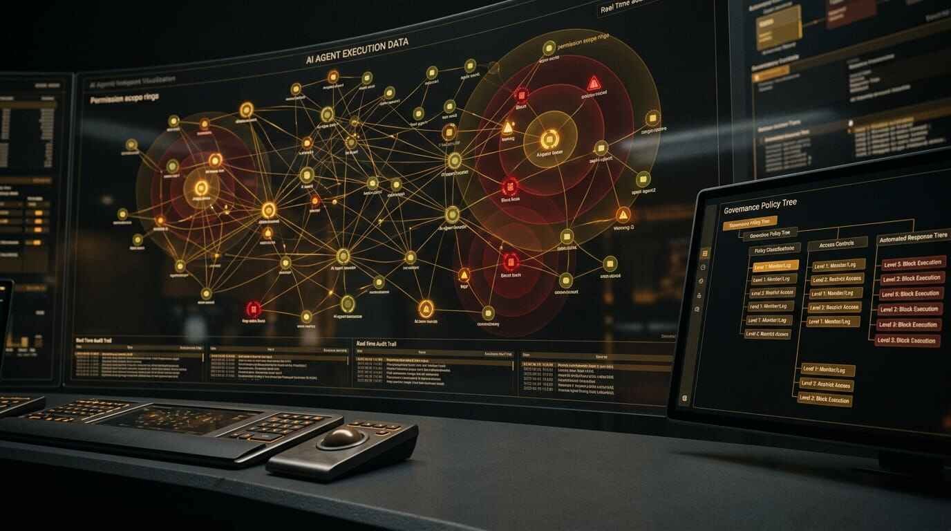 Enterprise agentic AI governance framework dashboard showing AI agent identity controls, real-time behavioral monitoring, and compliance audit trail architecture for autonomous AI systems in 2026.