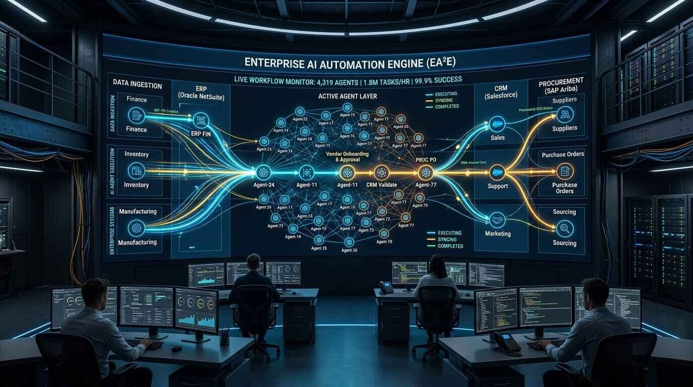 Agentic AI workflow automation enterprise architecture diagram showing multi-agent coordination across business systems 2026