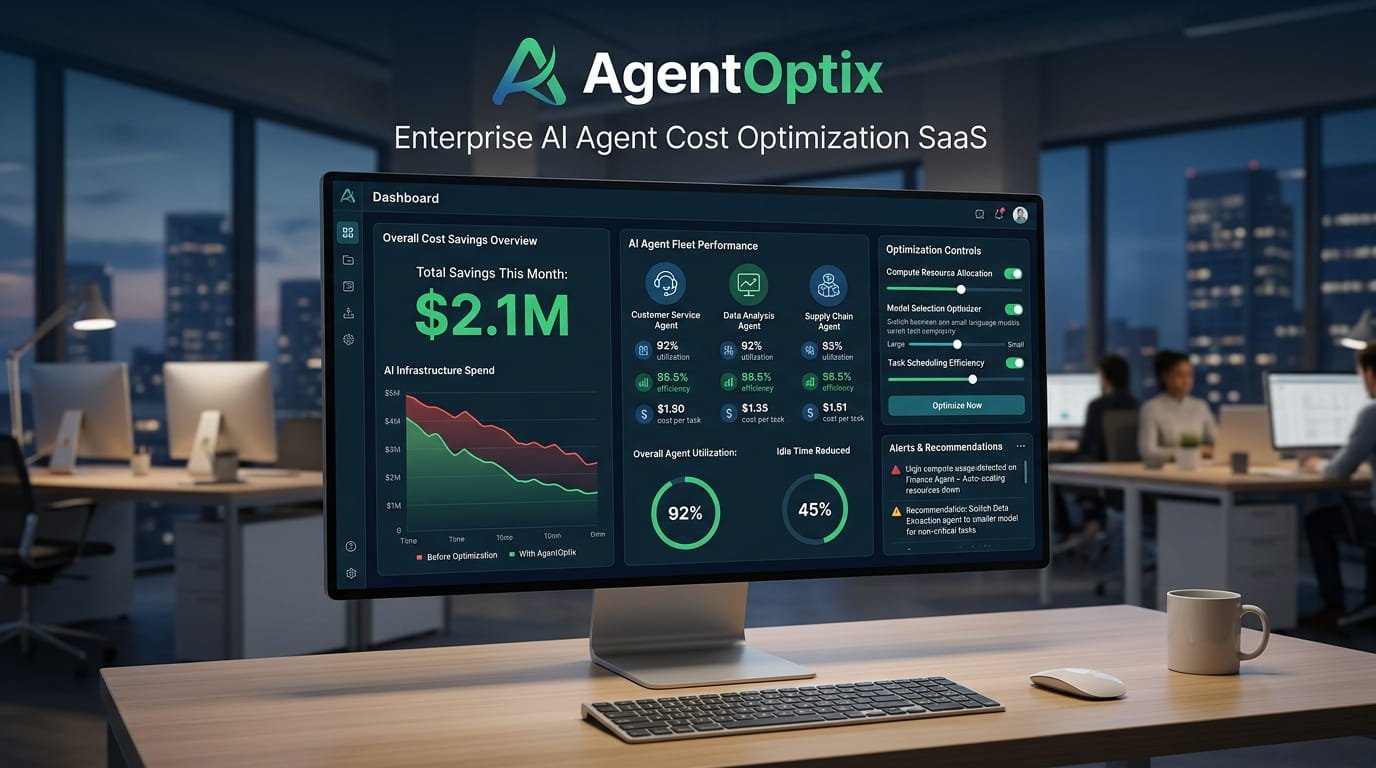 AI agent cost optimization dashboard showing multi-agent pipeline cost layers, LLM inference spend charts, and orchestration overhead visualization for enterprise SaaS decision-makers