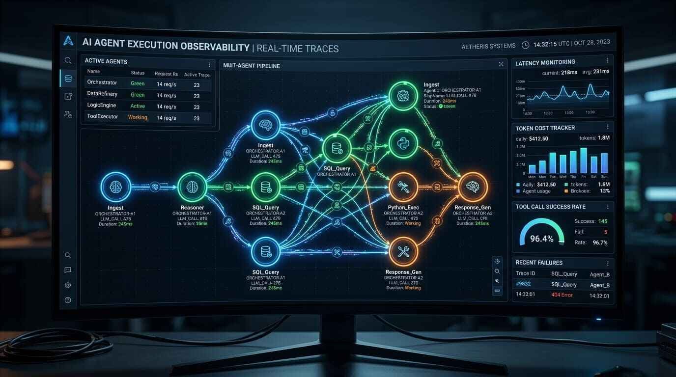 AI agent observability dashboard showing real-time execution traces and monitoring metrics for enterprise multi-agent systems