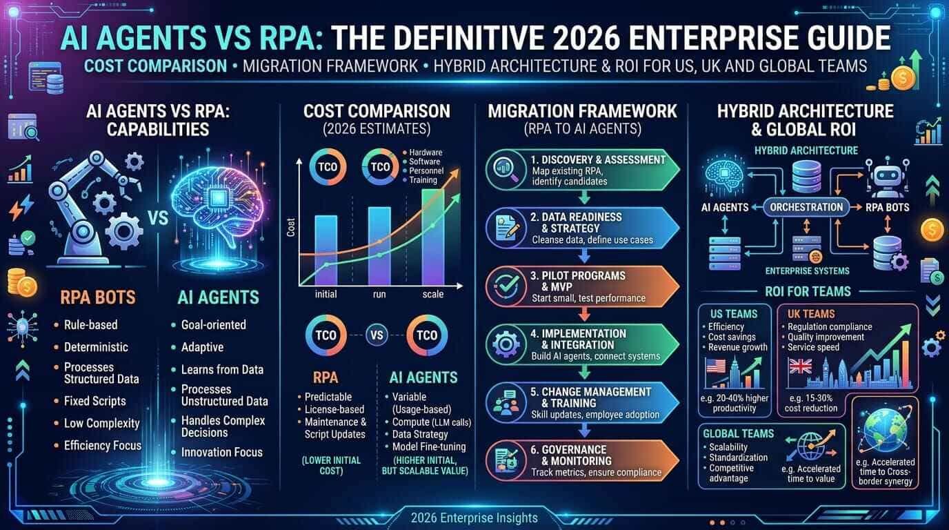 AI agents vs RPA comparison table across eight enterprise dimensions 2026