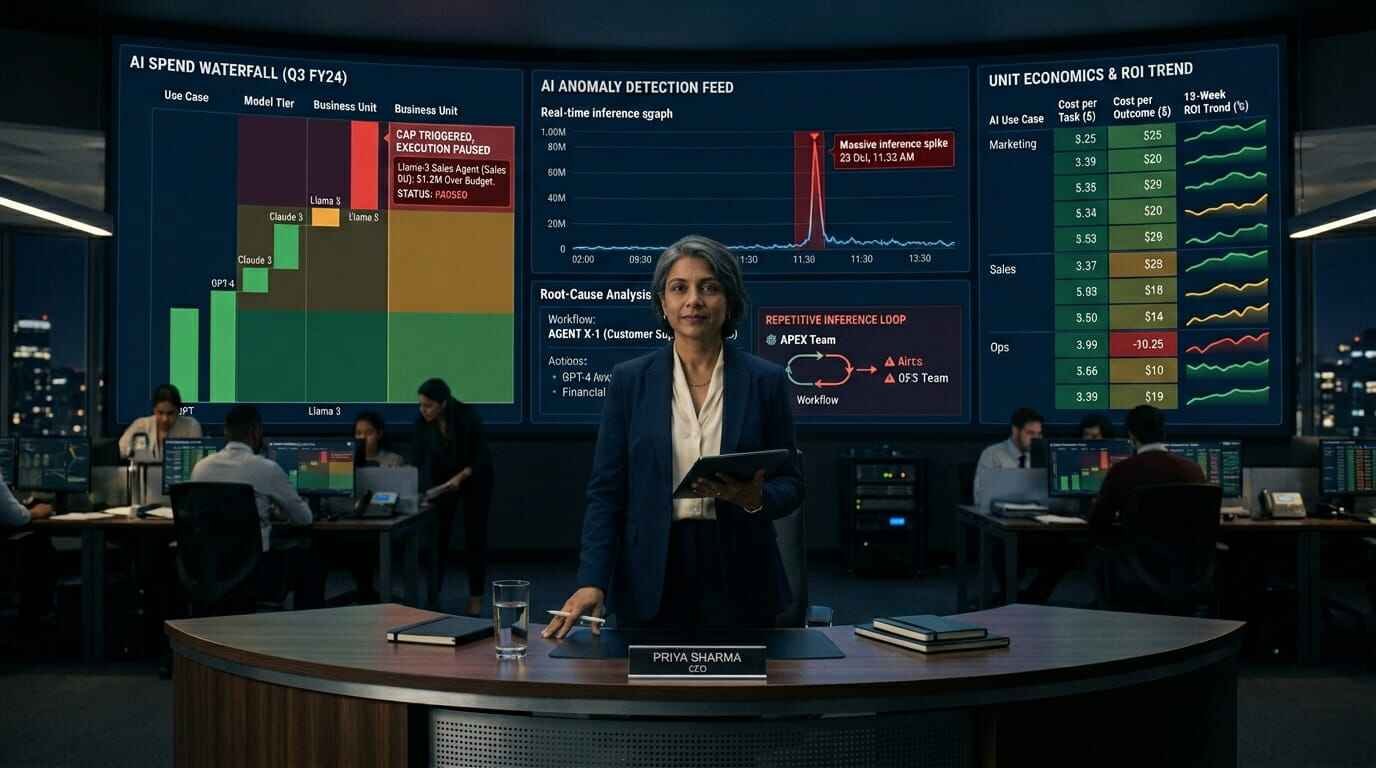 AI FinOps enterprise cost governance dashboard showing real-time AI spend by use case and model tier, anomaly detection with root-cause analysis, and unit economics table tracking cost per task and ROI trends for agentic AI deployments in 2026.
