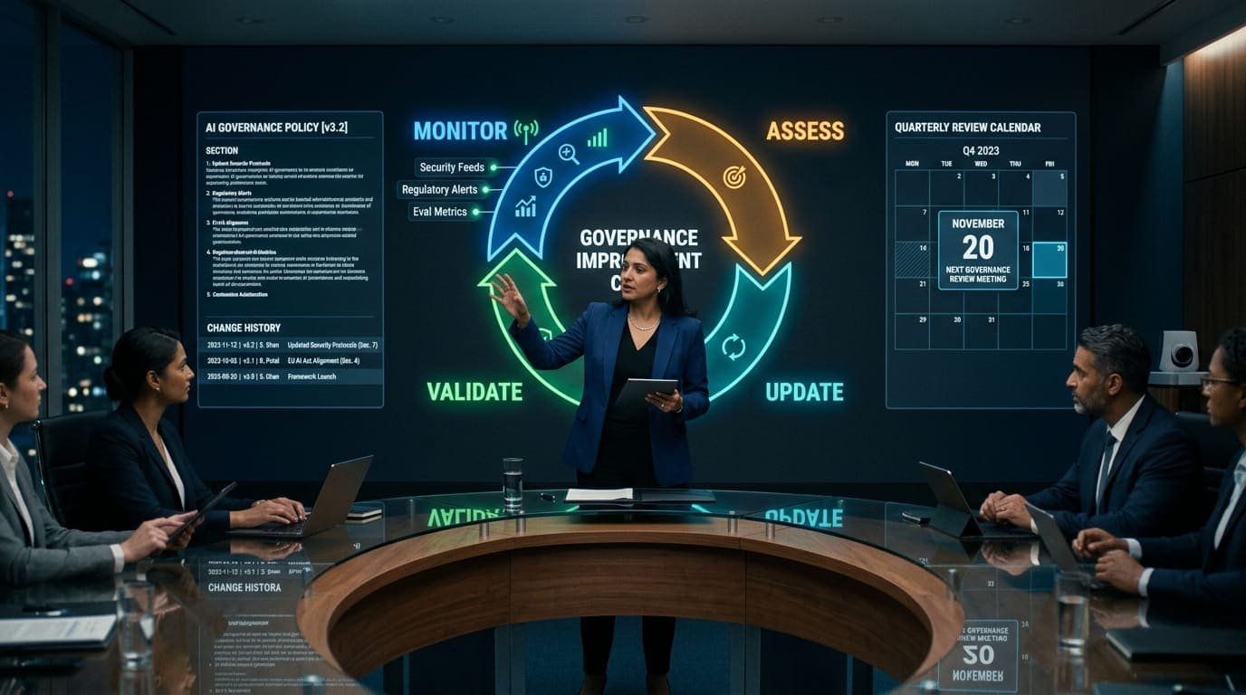 AI governance continuous improvement cycle diagram showing four-phase enterprise governance loop — monitor, assess, update, validate — with signal detection feeds, version-controlled policy management, and quarterly review cadence for enterprise agentic AI programs in 2026.
