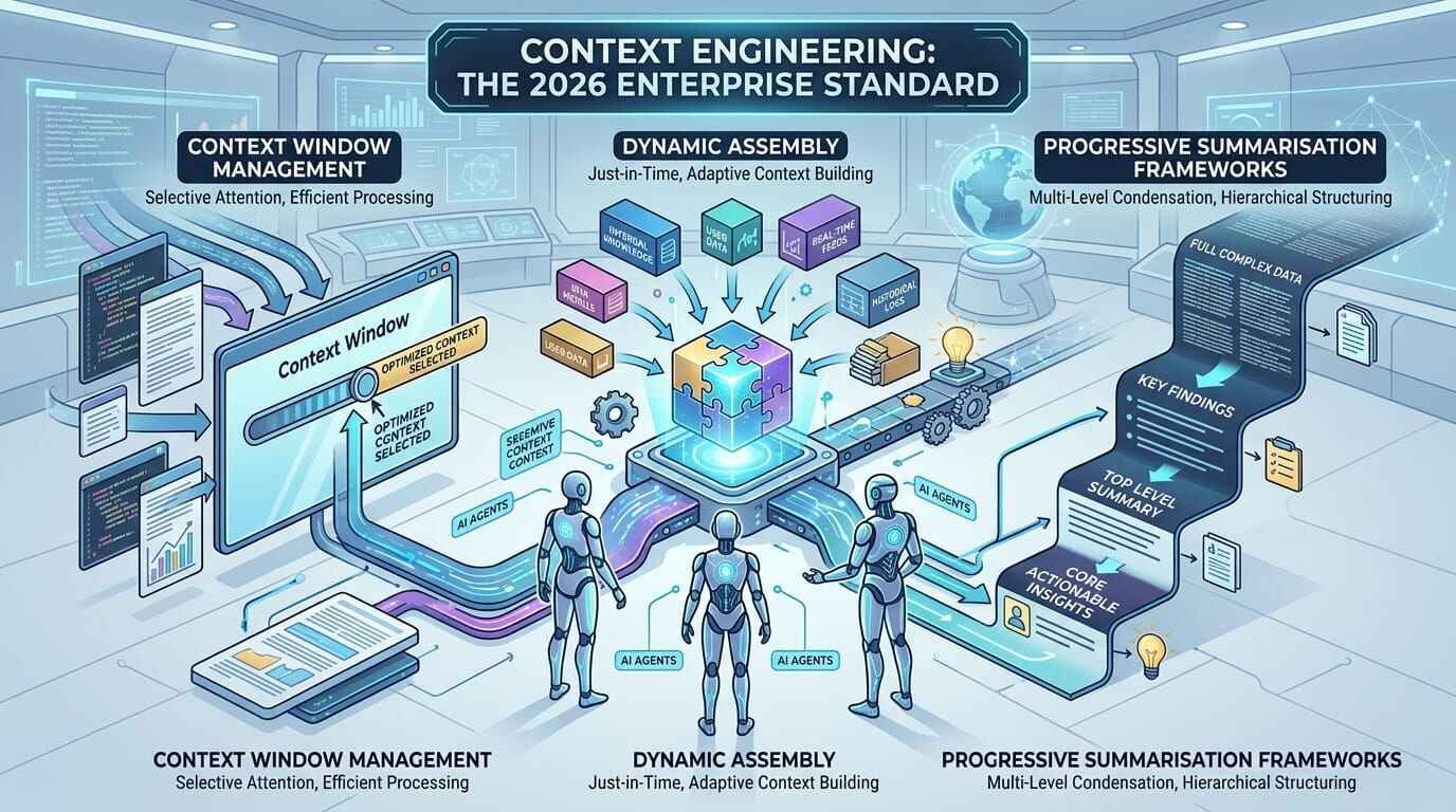 Context engineering AI agents dashboard showing context window segmentation, dynamic context assembly across multi-agent handoffs, and progressive summarisation timeline for enterprise context window management in 2026.