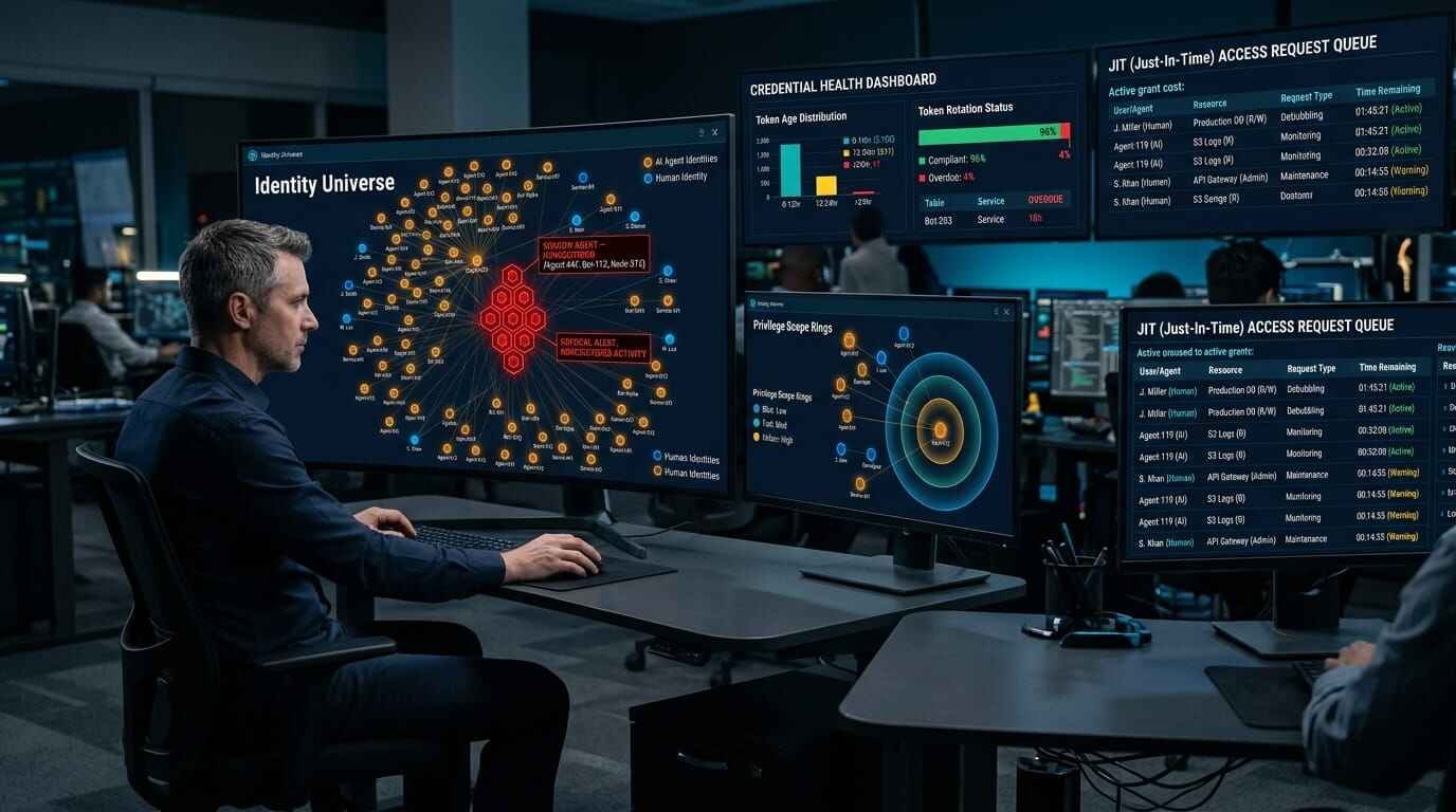 Non-human identity security dashboard showing AI agent identity universe graph with shadow agent detection, credential rotation health scores, and just-in-time access management controls for enterprise agentic AI governance in 2026.
