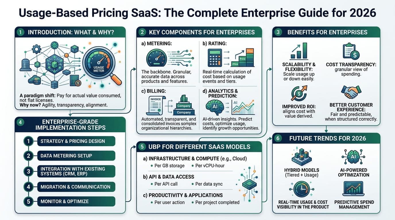 Usage-based pricing SaaS enterprise dashboard showing real-time consumption waterfall chart, multi-agent workflow cost breakdown, net revenue retention driven by usage expansion, and business unit cost allocation reporting for AI SaaS billing model governance in 2026.