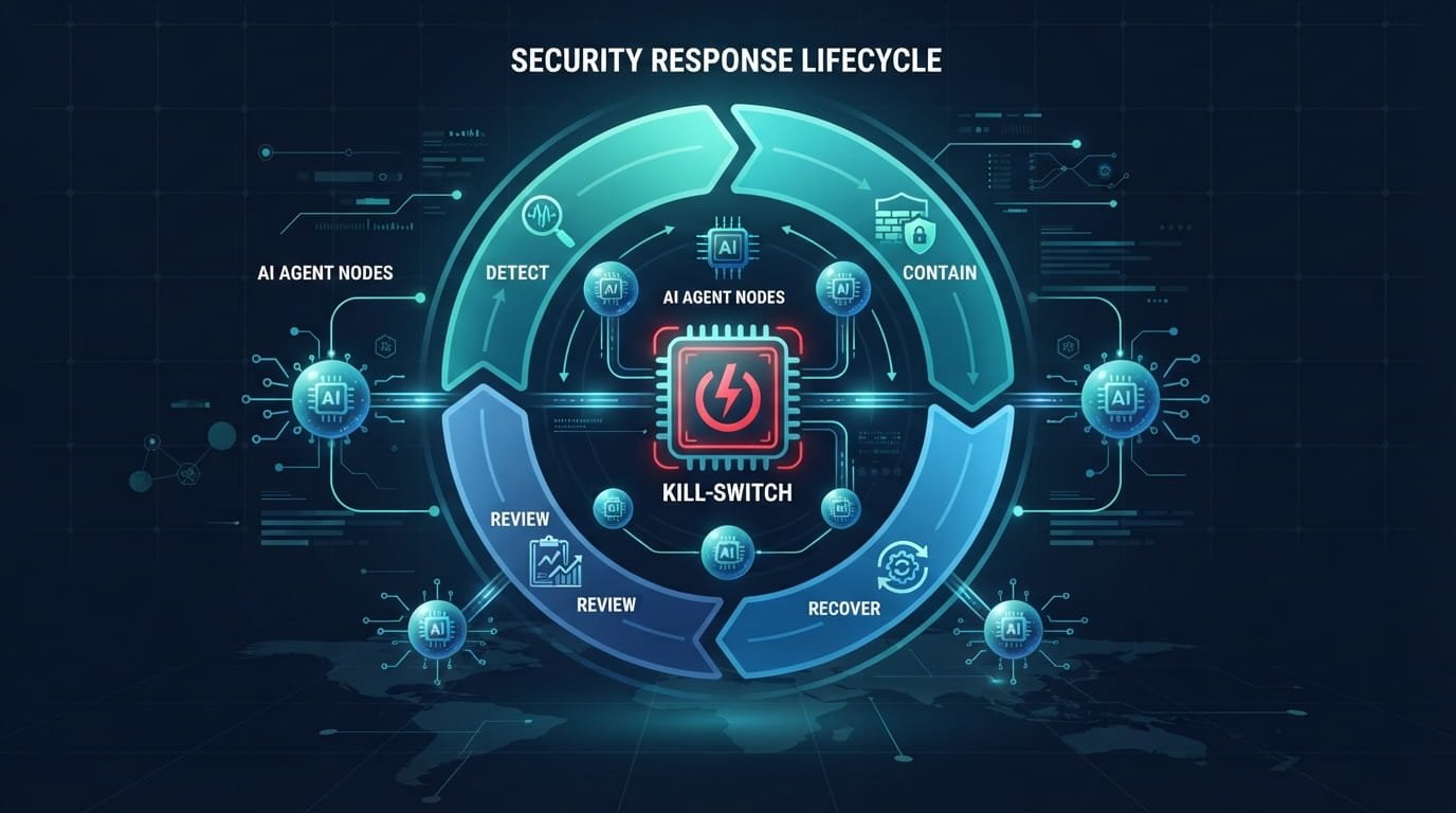 AI Agent Incident Response framework showing detection, containment, and recovery stages for enterprise AI agents