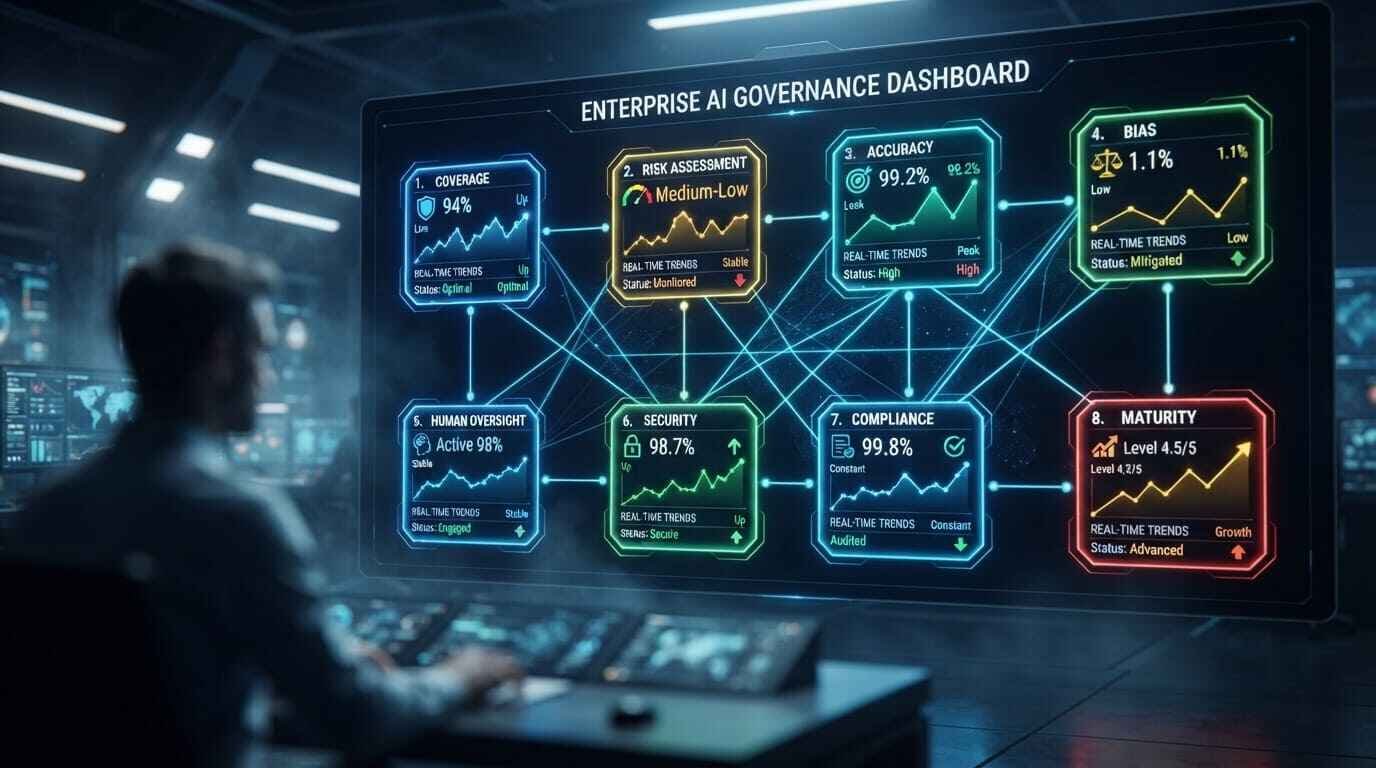 AI governance evaluation metrics enterprise eight domains framework 2026