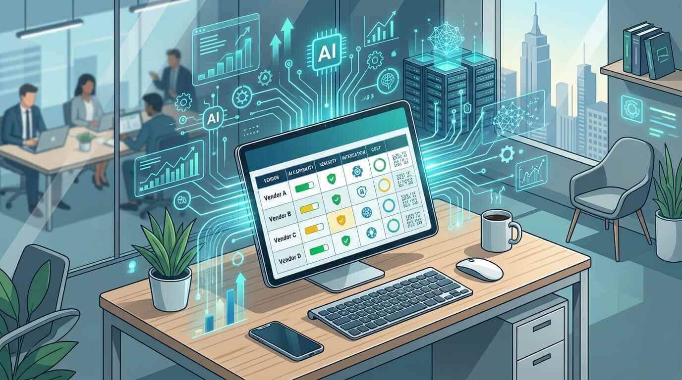 Enterprise AI procurement scorecard dashboard comparing vendors across weighted evaluation categories