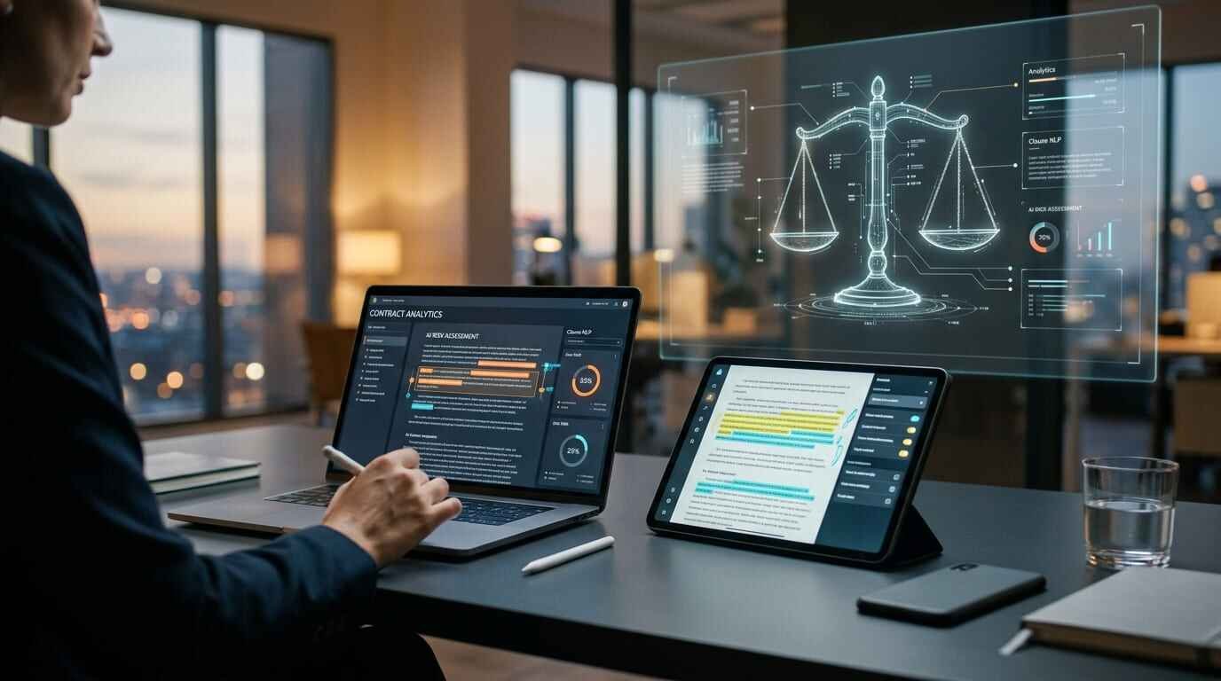 AI legal document review concept showing digital contract analytics in a modern law office